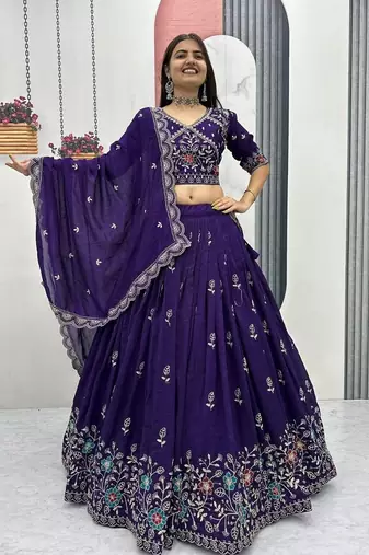New latest  Deep Purple Embroidered Lehenga Choli with Scalloped Dupatta Set