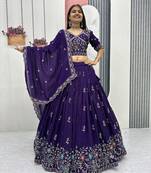 New latest  Deep Purple Embroidered Lehenga Choli with Scalloped Dupatta Set