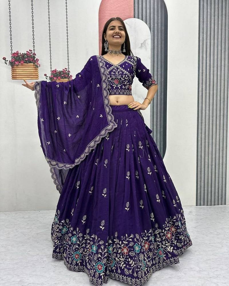 New latest  Deep Purple Embroidered Lehenga Choli with Scalloped Dupatta Set