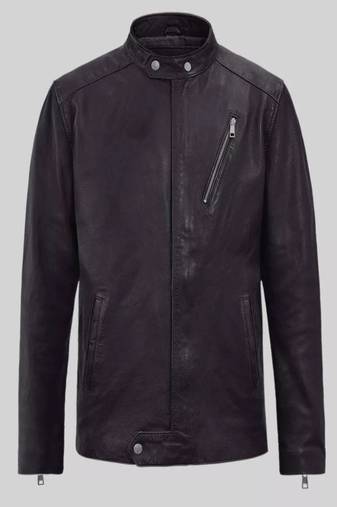 Men's black lambskin leather biker jacket- 2 pocket zipper & café racer details