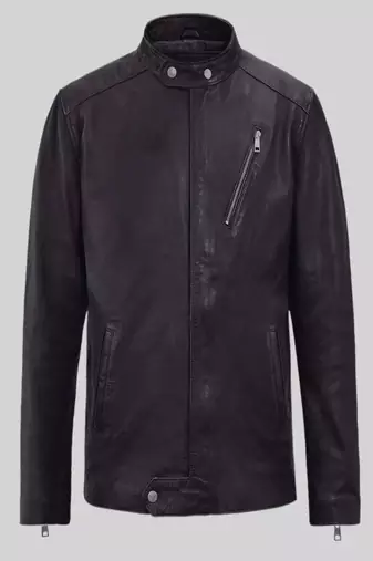 Men's black lambskin leather biker jacket- 2 pocket zipper & café racer details