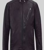 Men's black lambskin leather biker jacket- 2 pocket zipper & café racer details