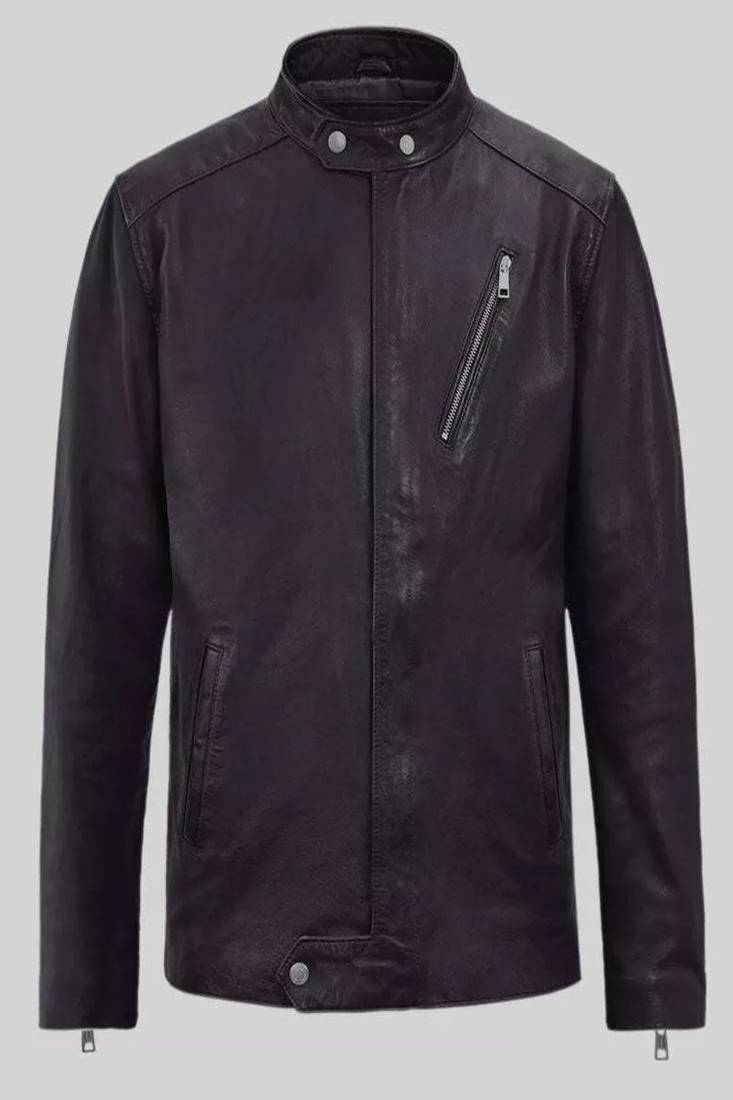 Men's black lambskin leather biker jacket- 2 pocket zipper & café racer details