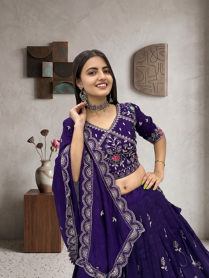 Deep Purple Embroidered Lehenga Choli with Scalloped Dupatta Set 2