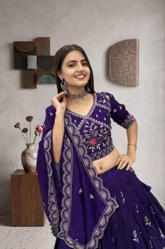 Deep Purple Embroidered Lehenga Choli with Scalloped Dupatta Set