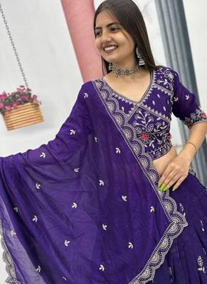 Deep Purple Embroidered Lehenga Choli with Scalloped Dupatta Set 2