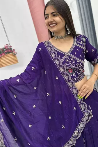 Deep Purple Embroidered Lehenga Choli with Scalloped Dupatta Set