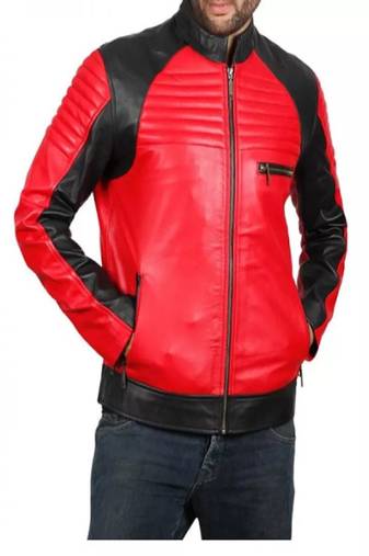 Men's red & black side panel lambskin leather biker jacket- 2 pocket zipper & café racer details