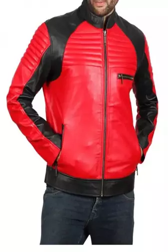 Men's red & black side panel lambskin leather biker jacket- 2 pocket zipper & café racer details
