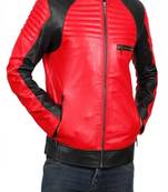 Men's red & black side panel lambskin leather biker jacket- 2 pocket zipper & café racer details