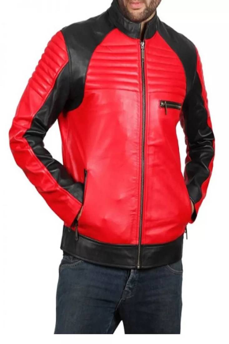 Men's red & black side panel lambskin leather biker jacket- 2 pocket zipper & café racer details