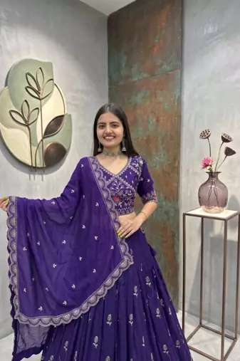 Deep Purple Embroidered Lehenga Choli with Scalloped Dupatta Set