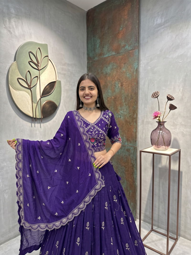 Deep Purple Embroidered Lehenga Choli with Scalloped Dupatta Set
