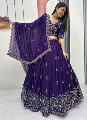 Deep Purple Embroidered Lehenga Choli with Scalloped Dupatta Set 3