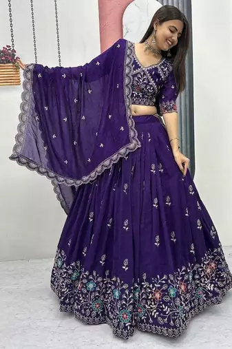 Deep Purple Embroidered Lehenga Choli with Scalloped Dupatta Set