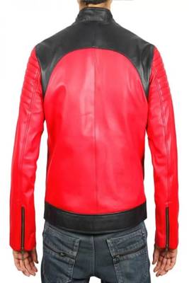 Men's red & black side panel lambskin leather biker jacket- 2 pocket zipper & café racer details 2