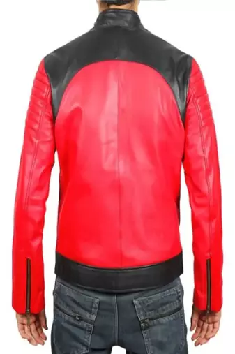 Men's red & black side panel lambskin leather biker jacket- 2 pocket zipper & café racer details
