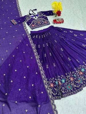 Deep Purple Embroidered Lehenga Choli with Scalloped Dupatta Set 4