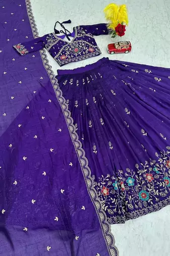Deep Purple Embroidered Lehenga Choli with Scalloped Dupatta Set