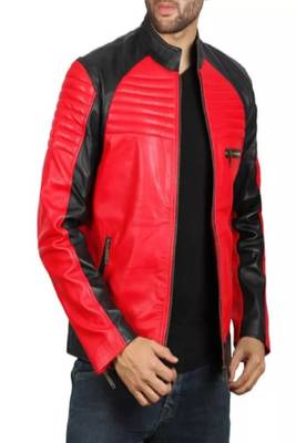 Men's red & black side panel lambskin leather biker jacket- 2 pocket zipper & café racer details 3