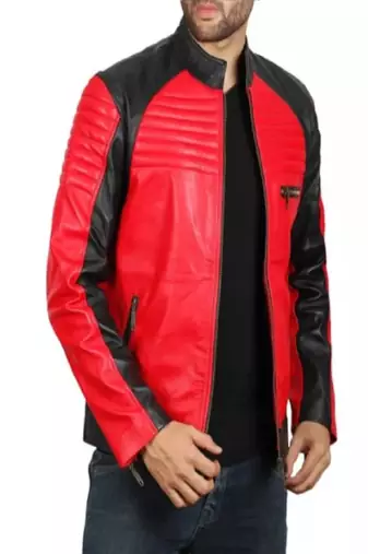 Men's red & black side panel lambskin leather biker jacket- 2 pocket zipper & café racer details