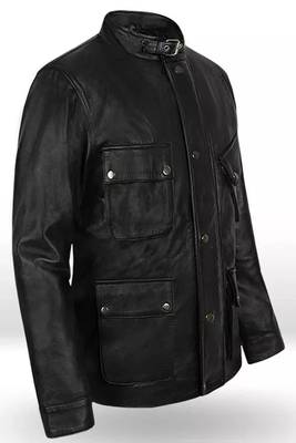 Men's blacklambskin leather jacket-4 envelope pocket & snap button biker style 1