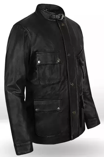 Men's blacklambskin leather jacket-4 envelope pocket & snap button biker style