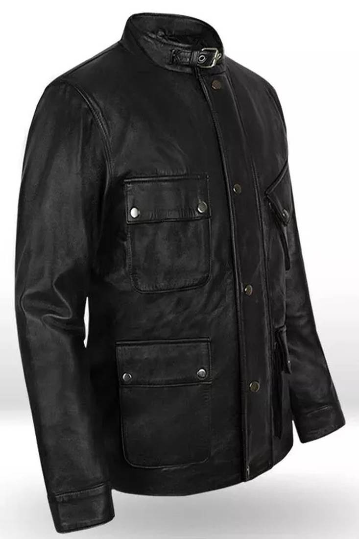 Men's blacklambskin leather jacket-4 envelope pocket & snap button biker style