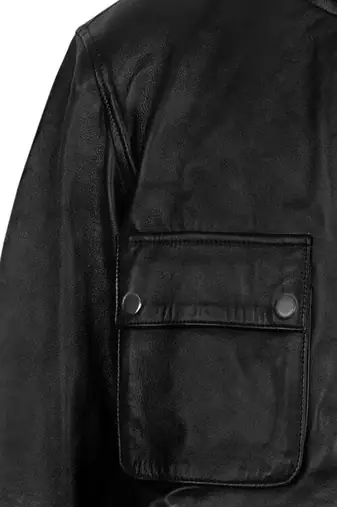 Men's blacklambskin leather jacket-4 envelope pocket & snap button biker style