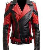 Men's red & black lambskin leather biker jacket- 2 pocket zipper & waist belt details