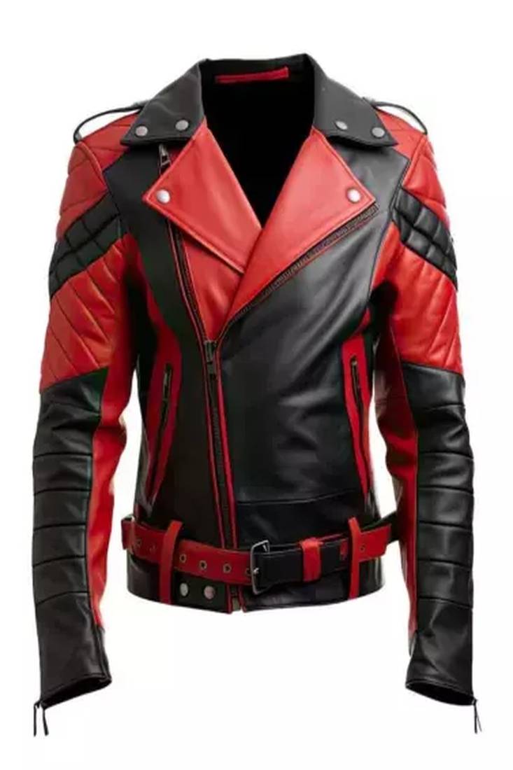Men's red & black lambskin leather biker jacket- 2 pocket zipper & waist belt details