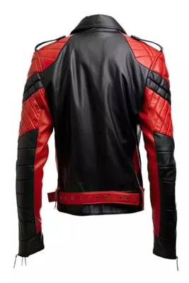 Men's red & black lambskin leather biker jacket- 2 pocket zipper & waist belt details 2
