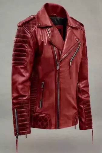 Men's red lambskin leather biker jacket- 2 pocket zipper & quilted details