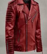 Men's red lambskin leather biker jacket- 2 pocket zipper & quilted details