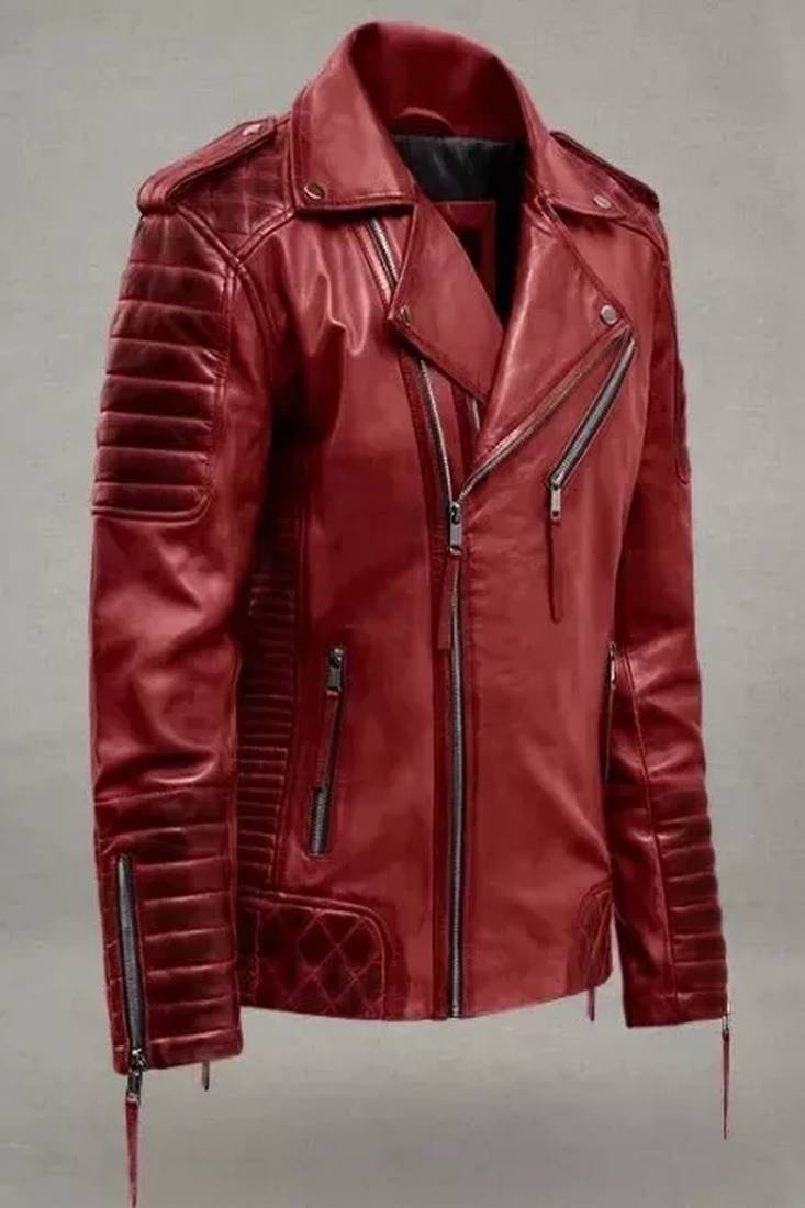 Men's red lambskin leather biker jacket- 2 pocket zipper & quilted details