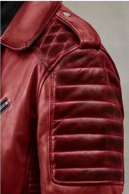 Men's red lambskin leather biker jacket- 2 pocket zipper & quilted details 2