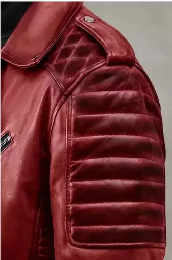 Men's red lambskin leather biker jacket- 2 pocket zipper & quilted details