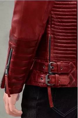 Men's red lambskin leather biker jacket- 2 pocket zipper & quilted details 4