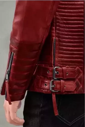 Men's red lambskin leather biker jacket- 2 pocket zipper & quilted details
