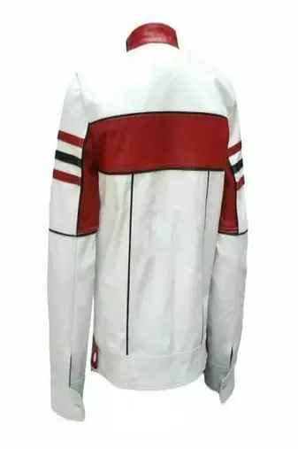 Men's white & red lambskin leather biker jacket- 2 pocket zipper & quilted shoulder details