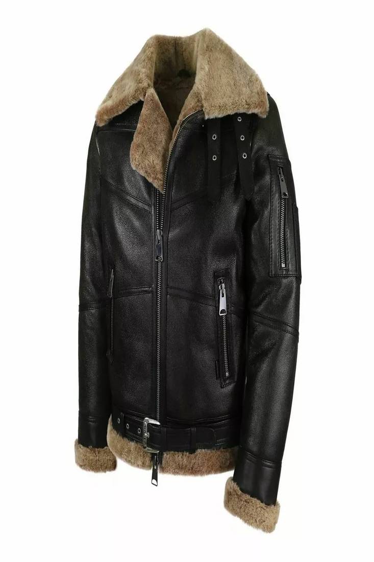 Men's black lambskin leather biker jacket-asymmetrical zip closure & adjustable belt fashtion