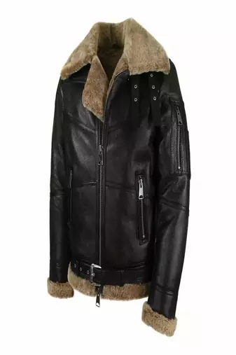 Men's black lambskin leather biker jacket-asymmetrical zip closure & adjustable belt fashtion