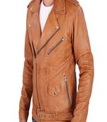 Men's brown lambskin leather biker jacket-asymmetrical zip closure & adjustable belt fashtion