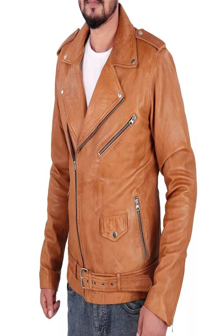 Men's brown lambskin leather biker jacket-asymmetrical zip closure & adjustable belt fashtion