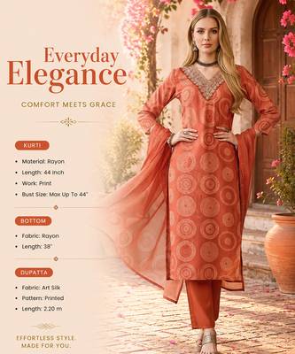 Women's orange rayon printed with embroidery worked straight kurta set with pant & dupatta 2