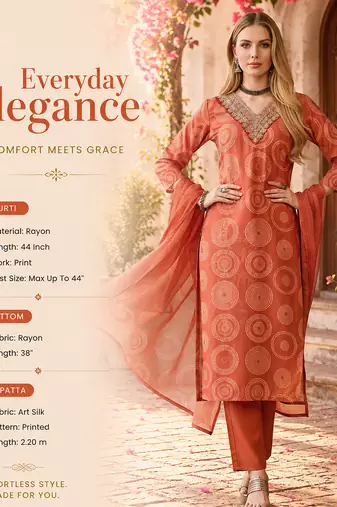 Women's orange rayon printed with embroidery worked straight kurta set with pant & dupatta