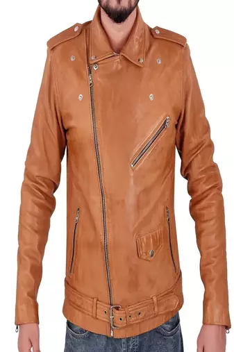 Men's brown lambskin leather biker jacket-asymmetrical zip closure & adjustable belt fashtion