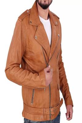 Men's brown lambskin leather biker jacket-asymmetrical zip closure & adjustable belt fashtion 3