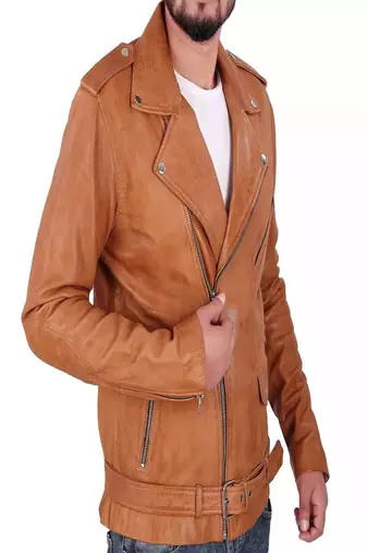Men's brown lambskin leather biker jacket-asymmetrical zip closure & adjustable belt fashtion