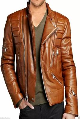 Men's brown lambskin leather biker jacket-asymmetrical zip closure & adjustable belt fashtion 1